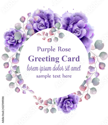 Purple roses watercolor wreath Vector. Violet trendy color decorations