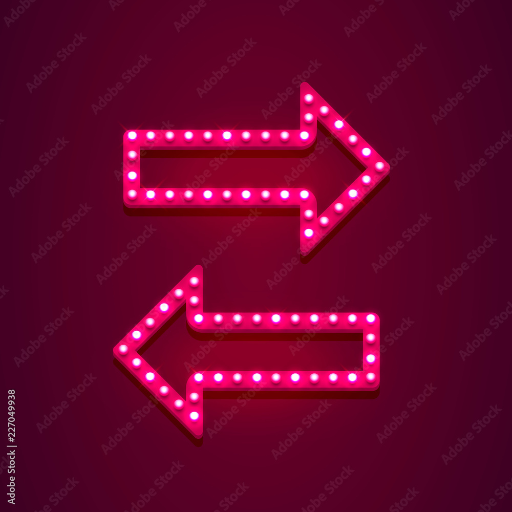 Neon arrow left and right on the red background. Vector illustration Neon arrow left and right on the red background. Vector illustration