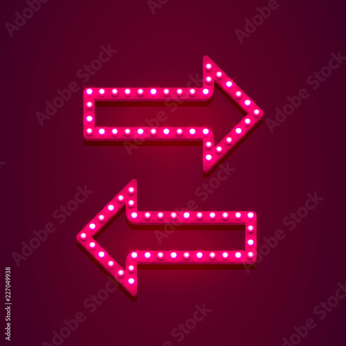 Neon arrow left and right on the red background. Vector illustration