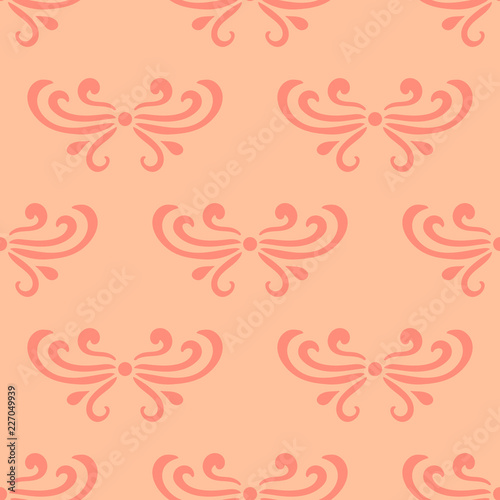 Pastel orange abstract damask seamless pattern of curls in retro style. Floral vintage background. Art nouveau style design. Vector illustration.