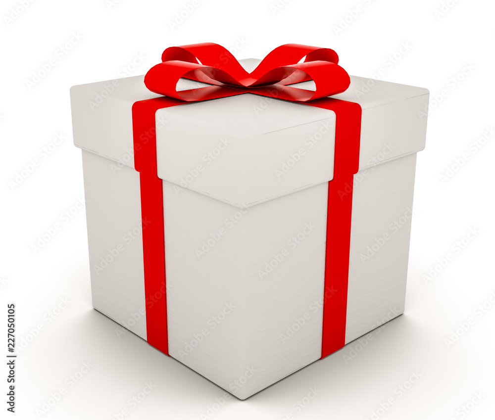 White gift box with red ribbon bow, isolated on white. 3D render White gift box with red ribbon bow, isolated on white. 3D render
