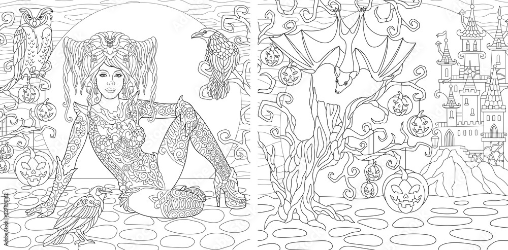 Coloring pages with Halloween witch girl, bat, spooky horror castle, evil pumpkins