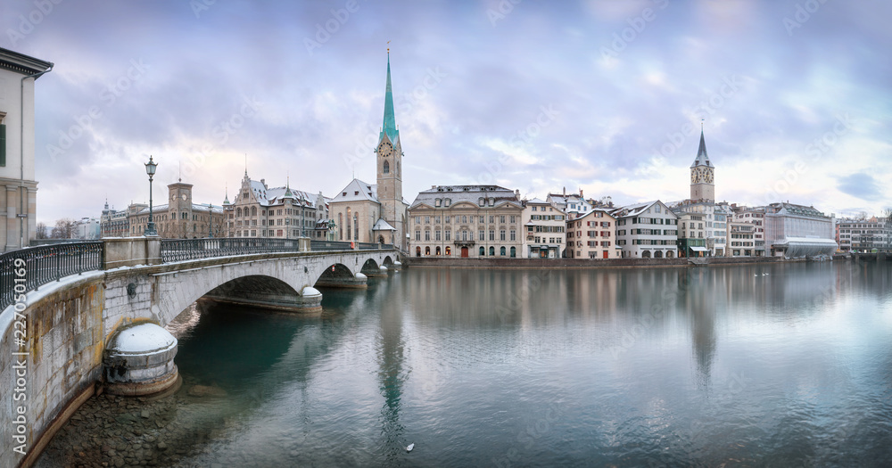 Old Zurich town in winter, view on lake