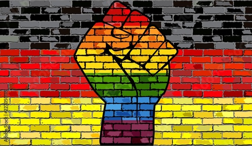 LGBT Protest Fist on a Germany brick Wall Flag - Illustration, 
Brick Wall Deutschland flag and Gay flags