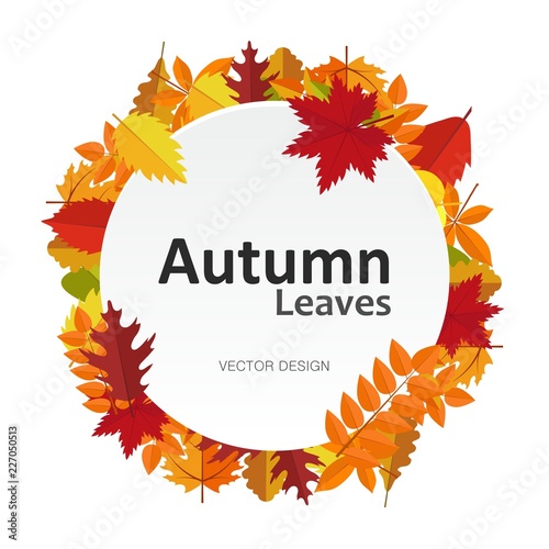 Circle banner with autumn leaves. Fall season round frame label card. Vector illustration background your design