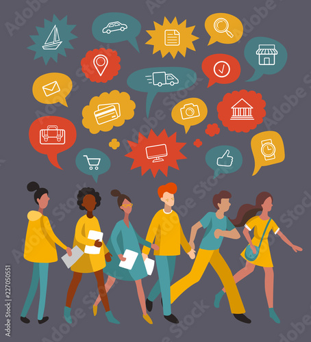 Men and women walking together with speech bubbles, flat icons. Minimalistic people sharing ideas, talking, chatting.