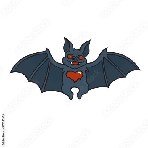 Halloween cartoon bat with heart.Vector illustration,isolated.