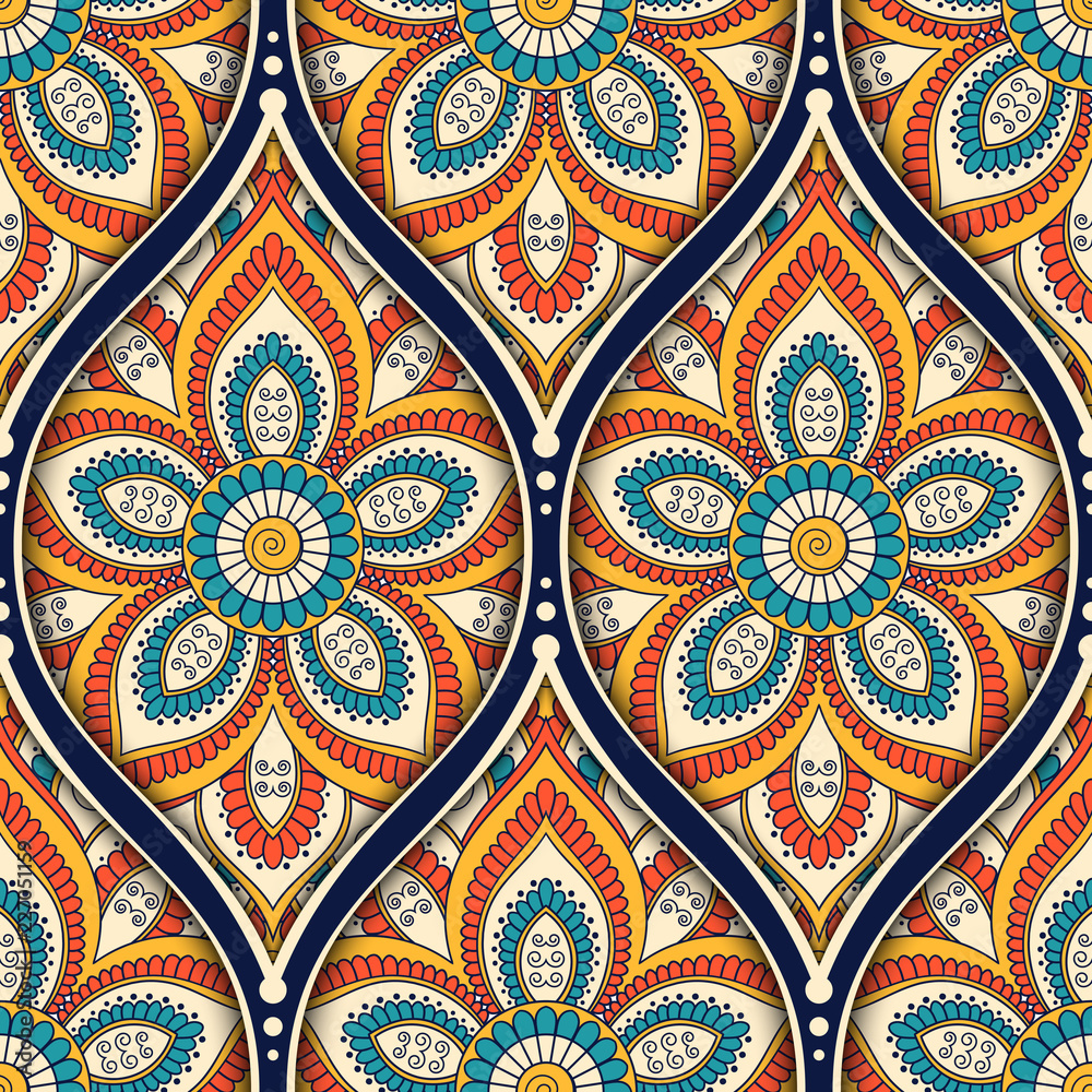 Seamless pattern with ethnic mandala ornament. Hand drawn illustration