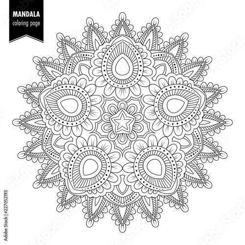 Monochrome ethnic mandala design. Anti-stress coloring page for adults. Hand drawn illustration