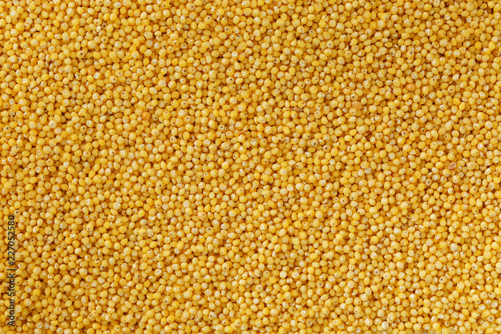Yellow millet background. Healthy grains vegetarianism, Macro