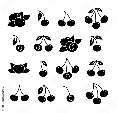 Black & white vector illustration of cherry with stem & leaves. Flat icon set of organic fresh berry. Vegan & vegetarian food. Health eating fruit ingredients. Isolated on white background.