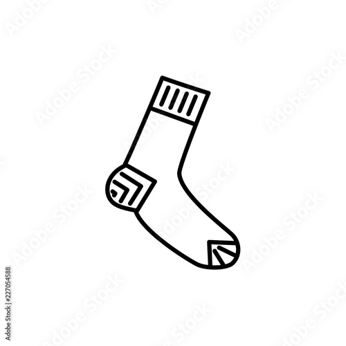 Black & white vector illustration of wool knitted sock. Line icon of textile winter accessory for men or women to protect feet from cold weather. Isolated on white background.