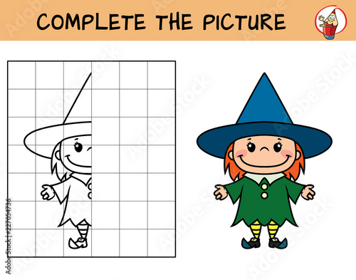Complete the picture of a little witch girl. Copy the picture. Coloring book. Educational game for children. Cartoon vector illustration