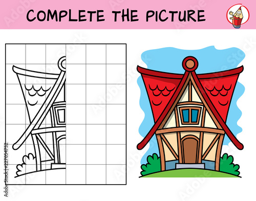 Complete the picture of a little house. Copy the picture. Coloring book. Educational game for children. Cartoon vector illustration