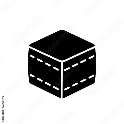 Black & white vector illustration of cube fabric ottoman, pouf. Flat icon of accent stool or chair. Living room, bedroom & patio furniture. Isolated on white background.