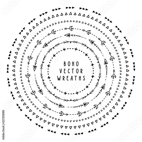 Set of hand drawn vector wreaths in boho and esoteric style. Collection of vector circle frames for design, for tattoo and prints in bohemian style.