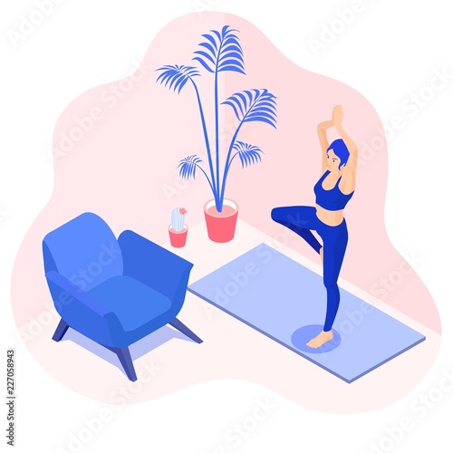 Isometric vector illustration of a  yoga girl in a tree pose  or vrksasana, exercise  at home