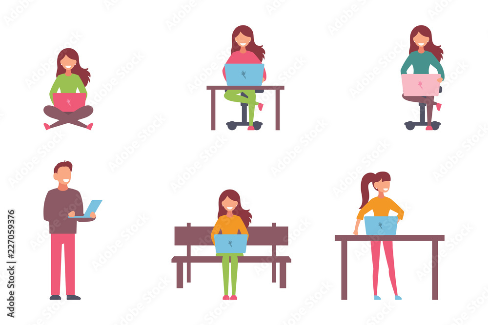 People working on computer and home and in office flat icons isolated vector illustration