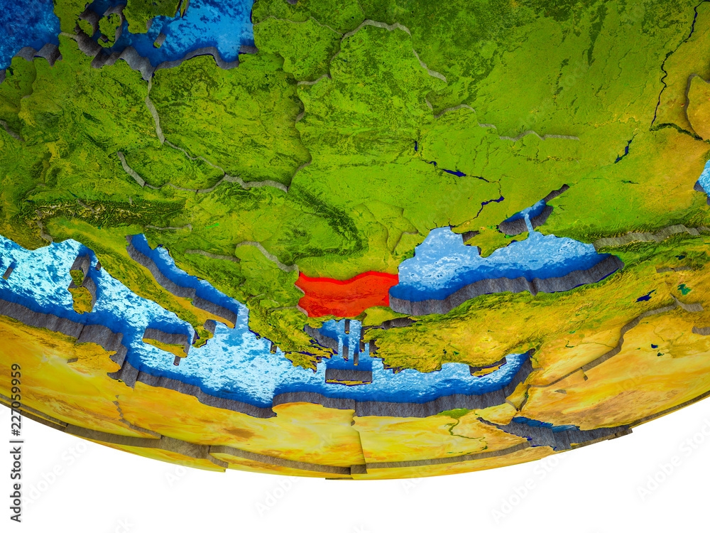 Bulgaria on 3D Earth with divided countries and watery oceans. Bulgaria on 3D Earth with divided countries and watery oceans.