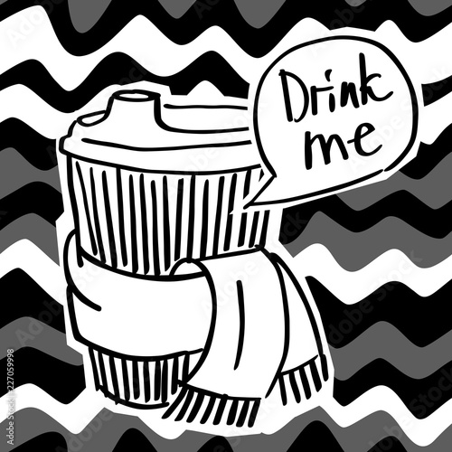 A vector image of a coffee to go with a scarf. Winter autumn square hot drink image 