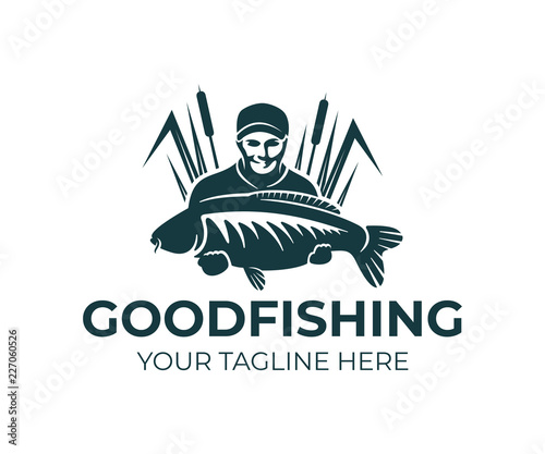Fishing, fisherman holds carp fish and standing in the reeds, logo design. Fishing sport club and angler, nature, animal and underwater life, vector design and illustration