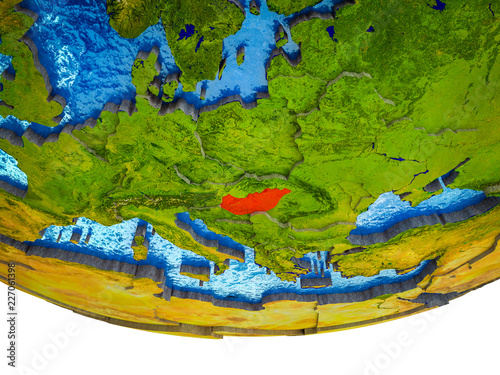 Hungary on 3D Earth with divided countries and watery oceans.