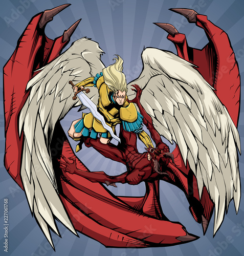 Illustration of Archangel Michael defeating Satan in fierce battle.