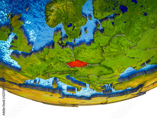 Czech republic on 3D Earth with divided countries and watery oceans.