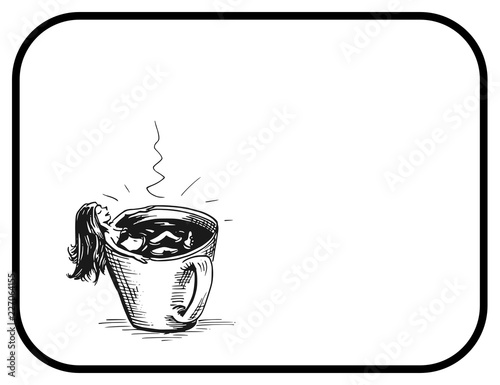 Dame neemt bad in kop koffie - Illustratie - handlettering koffie photo