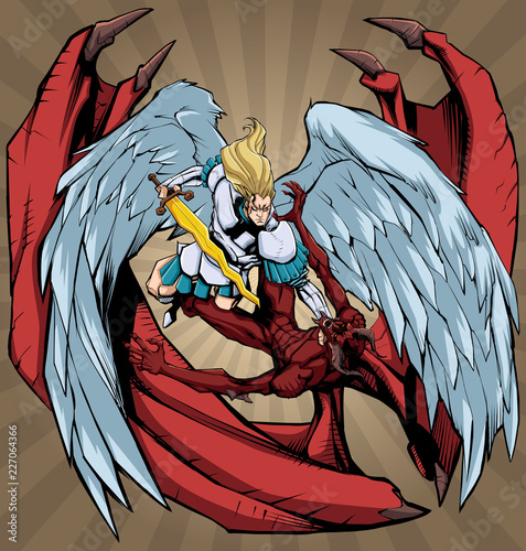 Illustration of Archangel Michael defeating Satan in fierce battle.