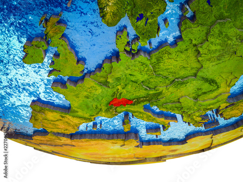 Switzerland on 3D Earth with divided countries and watery oceans.
