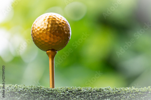 Bild auf Leinwand Golf golf ball and pins gold against the background of natural beauty, the ultim