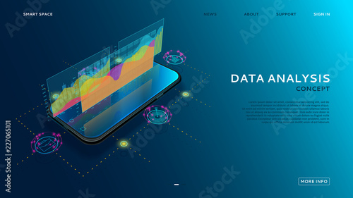 Data analysis landing page. 3d vector illustration with finance graphs, analytics data and charts on smartphone. App of mobile phone with business infographic charts. Information technology concept.