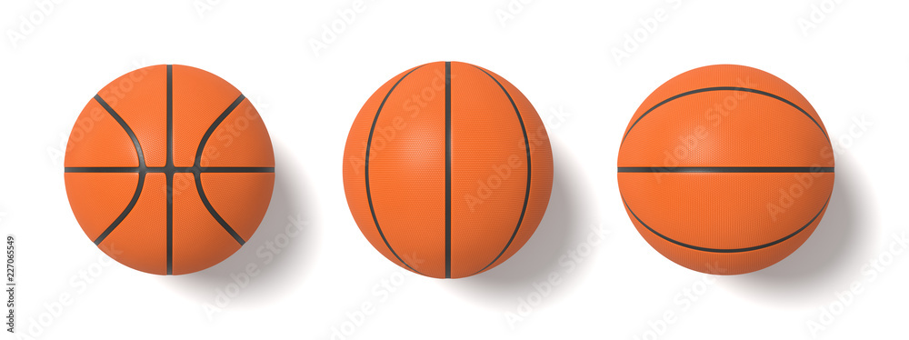 3d rendering of basketballs shown in different view angles on a white background in top view.