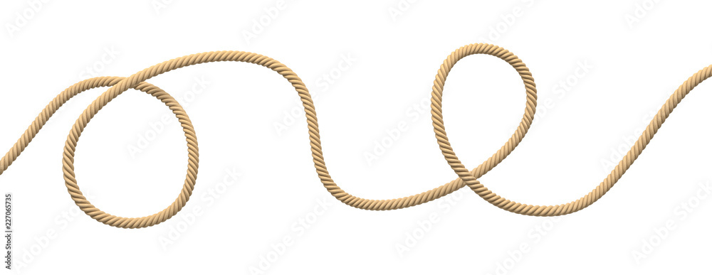3d rendering of a single twisting natural rope lying unevenly on a white background. - obrazy, fototapety, plakaty 