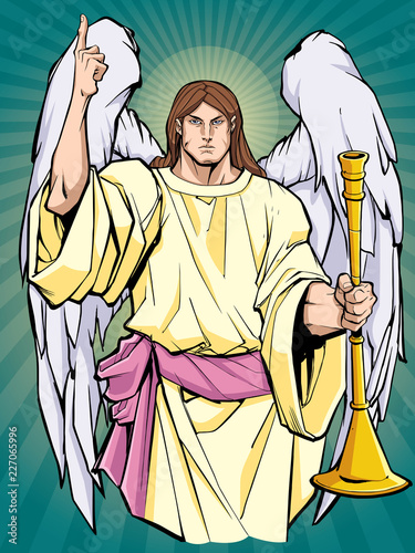 Portrait of Archangel Gabriel praising the lord and holding a trumpet. 