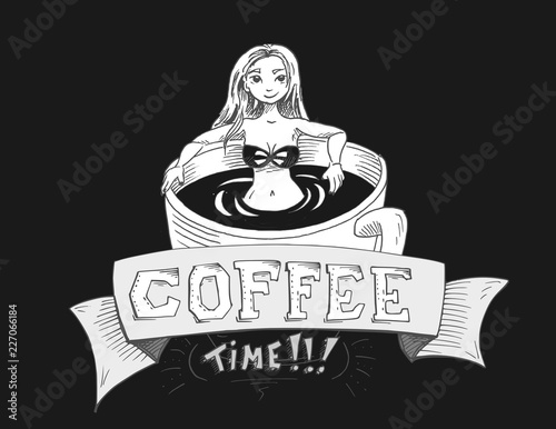 Koffie illustratie - stripfiguur wordt wakker on een kop koffie bad photo