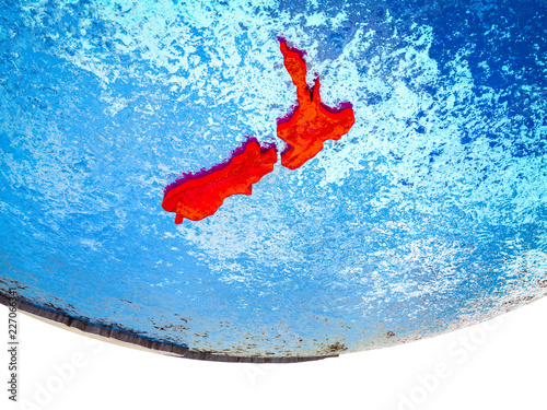 New Zealand on 3D Earth with divided countries and watery oceans.