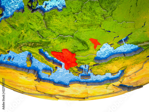 CEFTA countries on 3D Earth with divided countries and watery oceans.