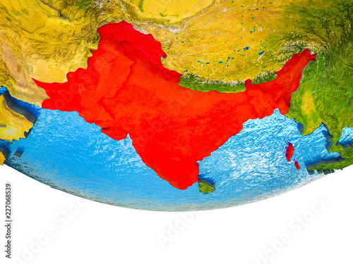 British India on 3D Earth with divided countries and watery oceans.