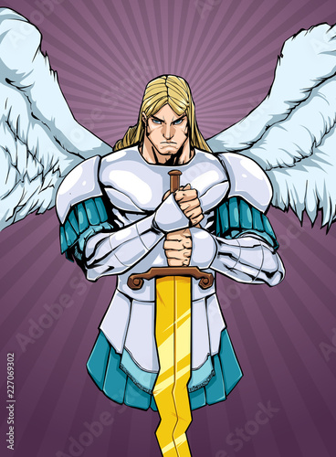 Full color illustration of Archangel Michael holding his sword. 