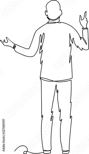 the man is thinking and gesturing with his hands. drawing a continuous line