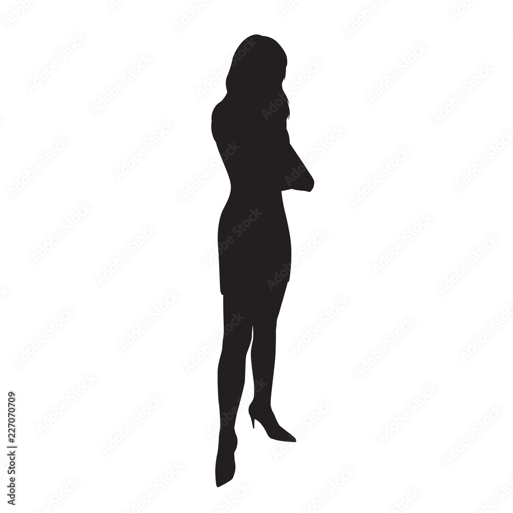 Business woman standing with folded arms. Slim elegant lady, isolated vector silhouette Business woman standing with folded arms. Slim elegant lady, isolated vector silhouette