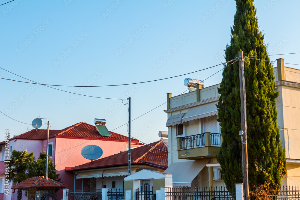 Solar panel, water heater on house roof, green energy Solar panel, water heater on house roof, green energy