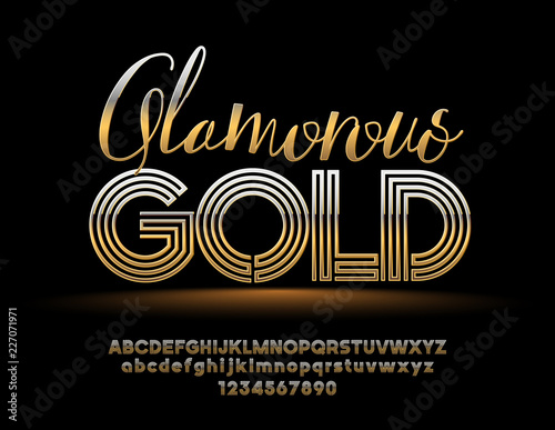 Vector Golden Alphabet. Glamorous Bright Font. Metallic Letters, Numbers and Symbols.