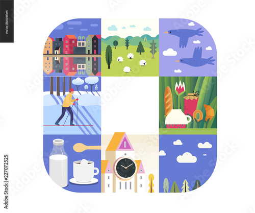 Simple things - color set - flat cartoon vector illustration of town houses, canal bank, landscape, sheep, two birds, skier, snow, milk, coffee, clock tower, clouds and tee meal - colour composition