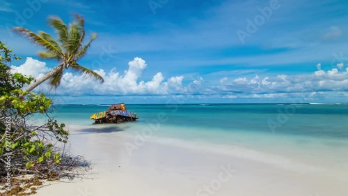 Time lapse hyperlapse of an old Sherman tank rusting in the water of the tropical beach of Flamenco in Culebra Island, Puerto Rico