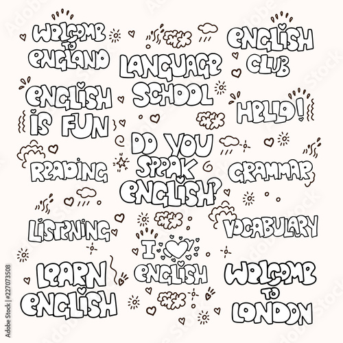 Learning English educational black and white phrases and words. Language school lettering - phrases and expressions  terms about study English. I love English  Language School  Grammar and other words