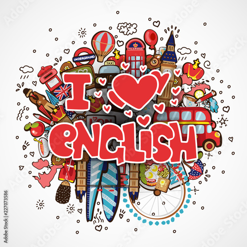 Phrase I LOVE ENGLISH educational and travelling concept. I love English vector cartoon illustration, lettering about loving learning language on cartooning objects -big ben, guard, bus, map and