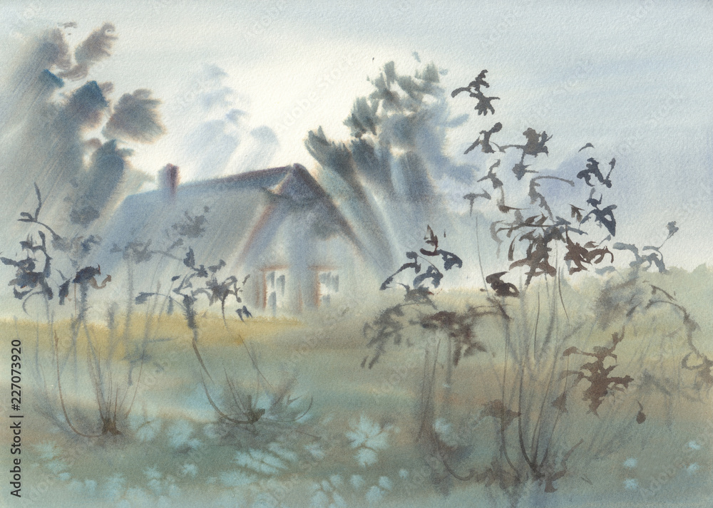 Obraz Wiejski krajobraz w porannej mgle akwarela